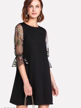 Black Mini Dress with Embroidered Sheer Sleeves
